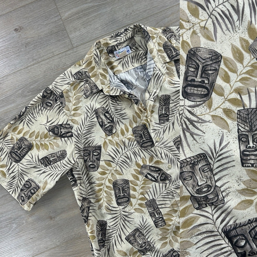 Reyn Spooner Mens XL Hawaiian AOP  Tiki Masks Quarter Button Up Beach Dadcore
